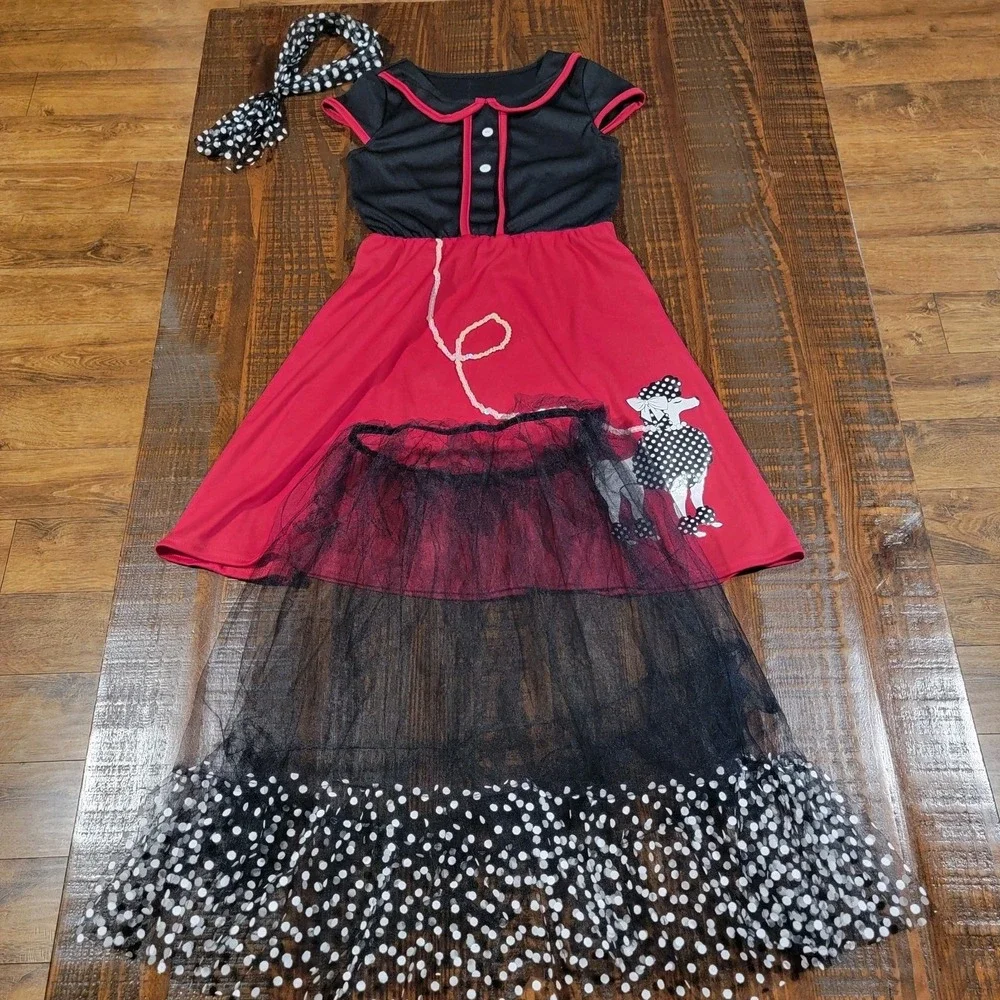 3 PC Red 50's Poodle Skirt Dress outfits Girls Size Medium 6/8 Costume Halloween - Picture 5 of 5